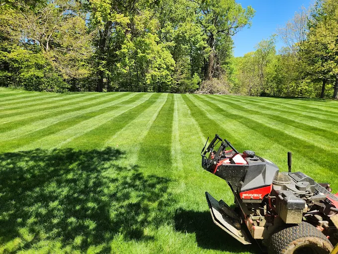 Freshly mowed striped lawn at an Erie, PA property maintained by Jesstone & Sons